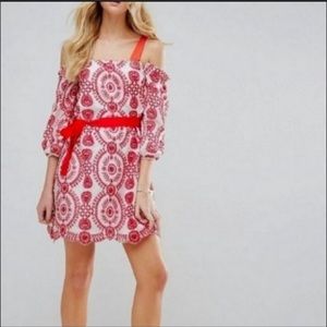 ASOS white with red embroidery off shoulder dress